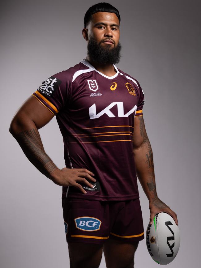 Payne Haas models the 2025 jersey. Picture: Brisbane Broncos