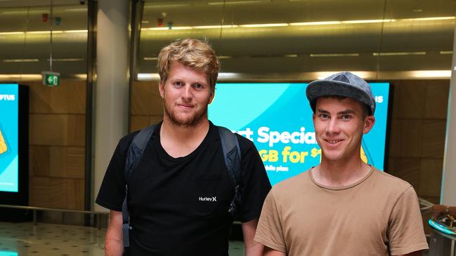Reece Holbrow and Jed O’Sullivan had to answer a series of questions after arriving home from Bali. Picture: NCA NewsWire/Gaye Gerard