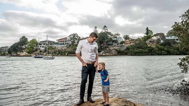 Ryde Mayor Jerome Laxale with his son Harry at Tennyson Point. Picture: Monique Harmer