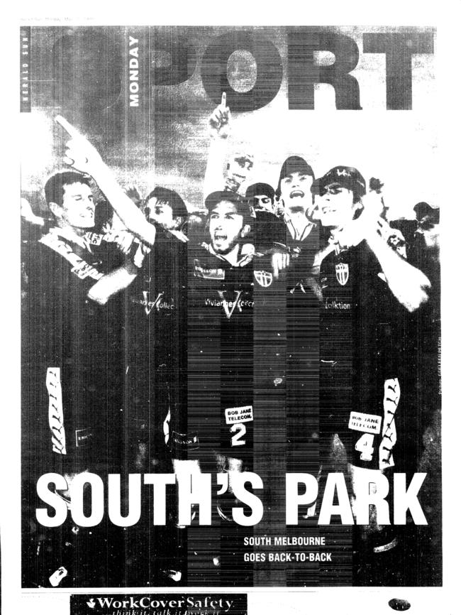 <span id="U63123203036OYB" style="font-weight:normal;font-style:italic;">Herald Sun</span> archive — front page of sport section from Monday, May 31, 1999, recording South Melbourne's NSL grand final win against Sydney United.