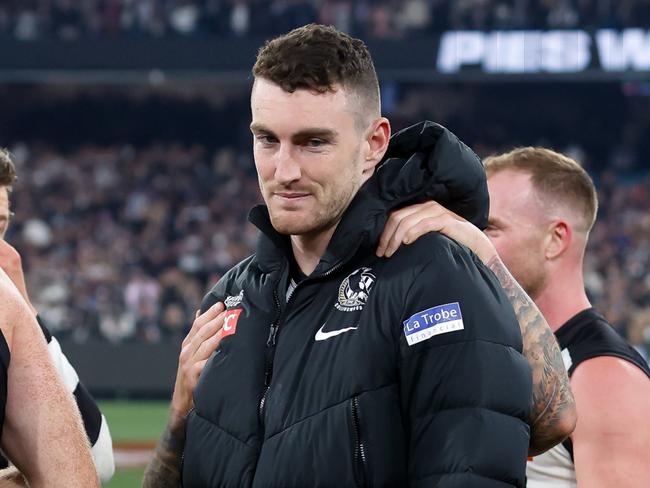 MELBOURNE, AUSTRALIA - SEPTEMBER 22: Daniel McStay of the Magpies is seen injured during the 2023 AFL First Preliminary Final match between the Collingwood Magpies and the GWS GIANTS at Melbourne Cricket Ground on September 22, 2023 in Melbourne, Australia. (Photo by Dylan Burns/AFL Photos via Getty Images)