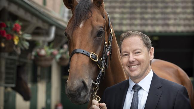 TABCORP Wagering &amp; Media Managing Director Adam Rytenskild with bay filly ‘Dorothy of Oz’ from Gai Waterhouse and Adrian Bott Stables Kensington. Pictures: Chris Pavlich