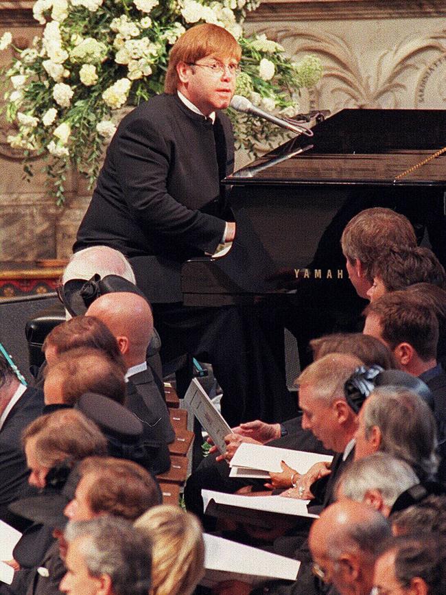 John performs Candle in the Wind at Diana’s funeral. Picture: AP