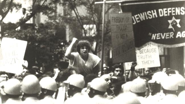 Anti-Nazi protesters confront the Neo Nazis led by Frank Collin at Federal Center Plaza in Chicago in June 1978. Picture: UPI