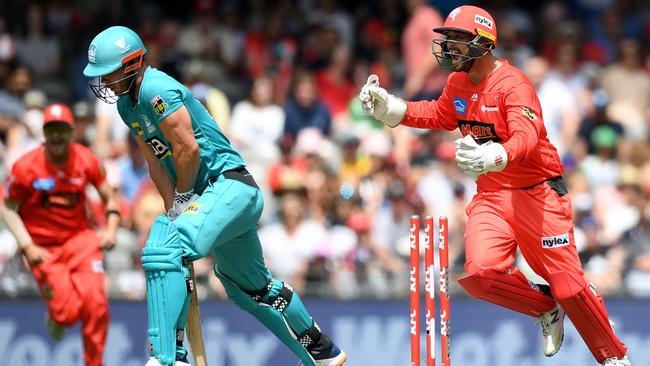 Brayden Stepien (right) of the Renegades celebrates the wicket of Chris Lynn of the Heat during the Big Bash League match in 2020 in Melbourne. Picture: Morgan Hancock/Getty Images