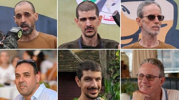 Top row, left to right: Released hostages Eli Sharabi, Or Levy and Ohad Ben Ami seen on a stage set up by Hamas in Deir el-Balah, central Gaza, before the terror group handed them over to the Red Cross, February 8, 2025. Bottom row, the three Israelis as pictured before they were abducted. Picture: AFP.