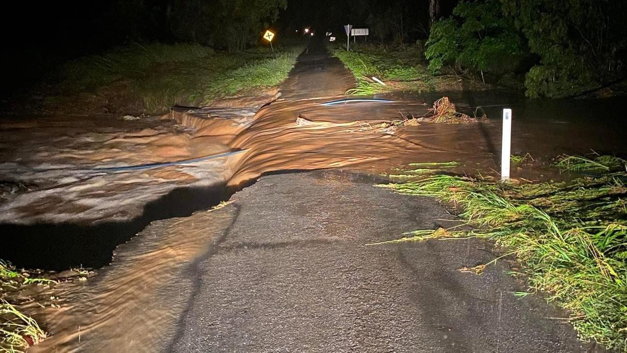 Flash flooding cuts a road at Mt McEuen in the South Burnett. Picture: Leonie McArthur/Facebook