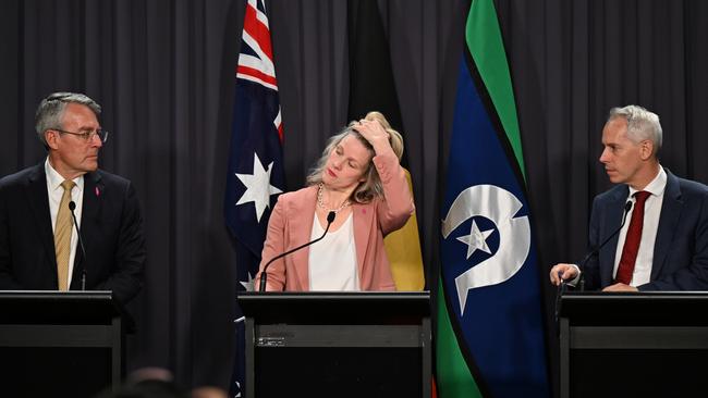 Attorney-General Mark Dreyfus, Home Affairs Minister Clare O’Neil and Immigration Minister Andrew Giles. Picture: AAP