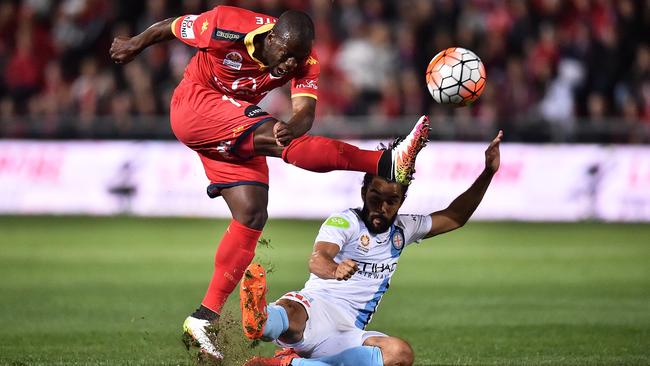 Adelaide United record scorer Bruce Djite, pictured in 2016, fired the Reds to a round-one win away to champion Brisbane Roar two years earlier. Picture: Daniel Kalisz/Getty Images