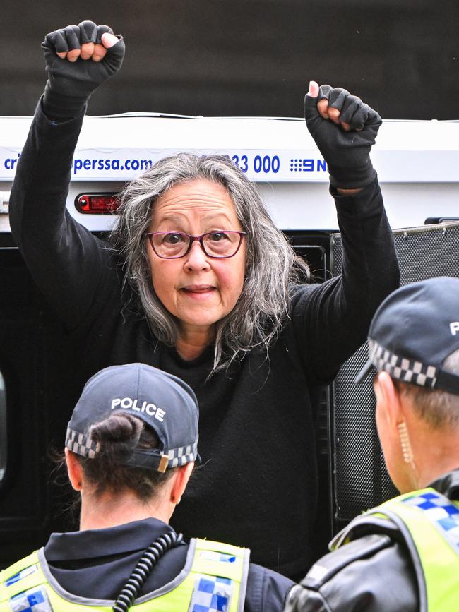 She was arrested after disrupting Adelaide traffic by abseiling from the bridge. Picture: NCA NewsWire / Brenton Edwards