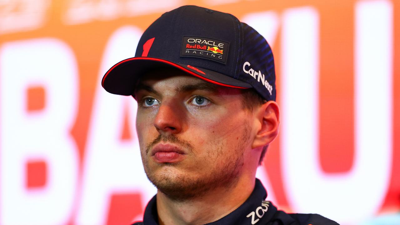 BAKU, AZERBAIJAN - APRIL 28: Second placed qualifier Max Verstappen of the Netherlands and Oracle Red Bull Racing attends the press conference after qualifying ahead of the F1 Grand Prix of Azerbaijan at Baku City Circuit on April 28, 2023 in Baku, Azerbaijan. (Photo by Bryn Lennon/Getty Images)