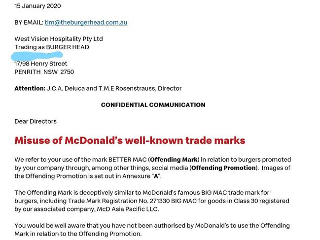 A photo of the cease and desist letter McDonald's sent to Burger Head on January 15.