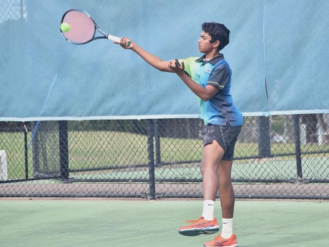 Players on court at the JDS Central Region tournament at the Rockhampton Regional Tennis Centre on July 14, 2024.