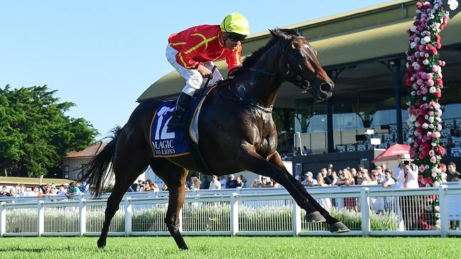 Transatlantic dominates his rivals in The Buffering for trainer Tony Gollan and jockey Ryan Maloney. Picture: Grant Peters / Trackside Photography