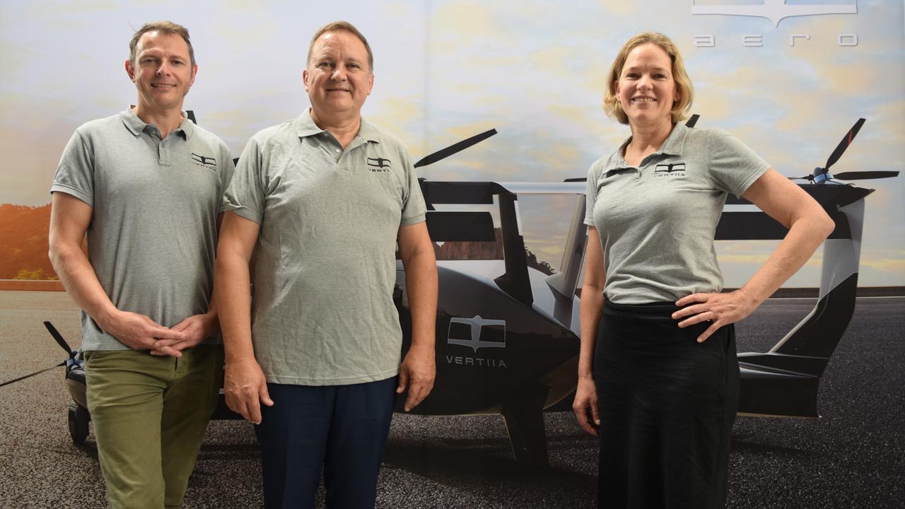 AMSL Aero team, from left: Vertiia inventor and engineer Andrew Moore, CEO Max York and COO Siobhan Lyndon. Picture: AMSL Aero