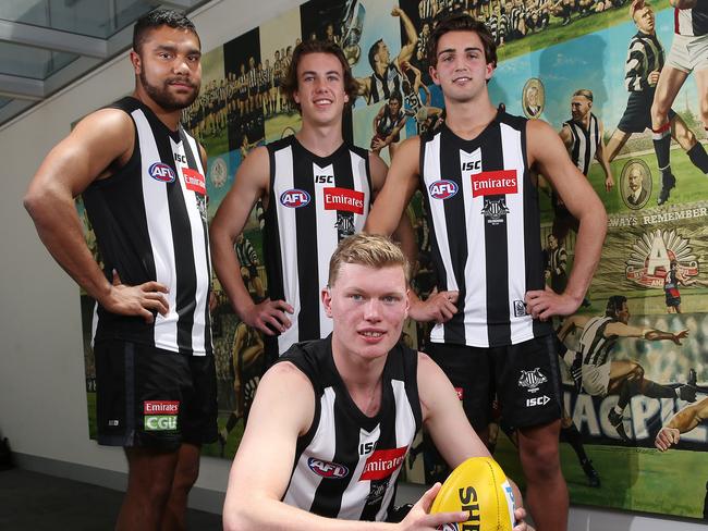 Collingwood draftees Kayle Kirby, Callum Brown, Josh Daicos and Sam McLarty (front). Picture: Michael Klein