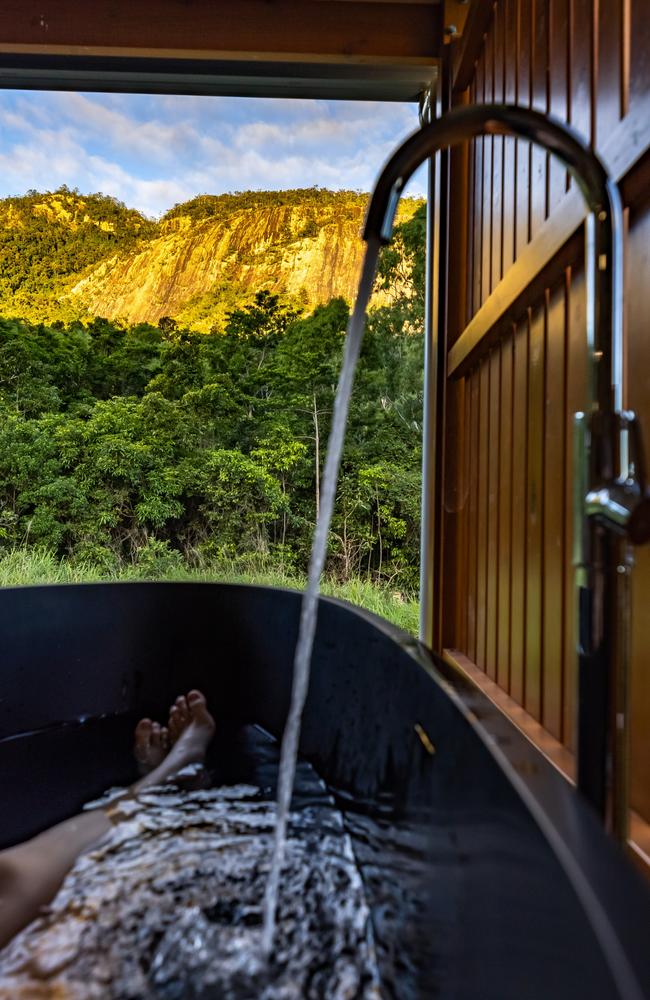 The Mount Jukes Eco Resort, built from scratch by yoga aficionado David Deakin, holds glamping tents and a half-moon shaped house that face Mt Jukes and Mr Deakin says the â€œenergyâ€ of the property has to be experienced to be understood. Picture: Contributed
