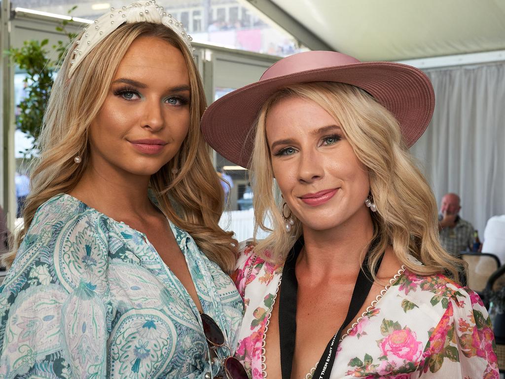 Ashlee Grindle and Tara Ellis at the Adelaide Cup at Morphettville Racecourse, Monday, March 8, 2021. Picture: MATT LOXTON