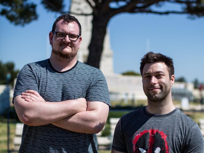 Scott Cowley and Ryan Wardell, from Sydney, at the Lone Pine Cemetery above Anzac Cove. Picture: Frank Bessiere/News Corp Australia