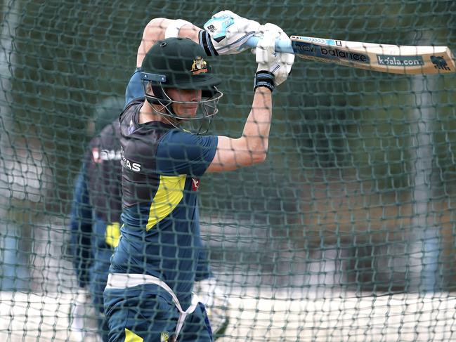 Australia's Steve Smith during the nets session at Edgbaston in Birmingham, England, Tuesday July 30, 2019. Australia will face off against England in their first cricket Ashes Test match starting Aug. 1. (David Davies/PA via AP)