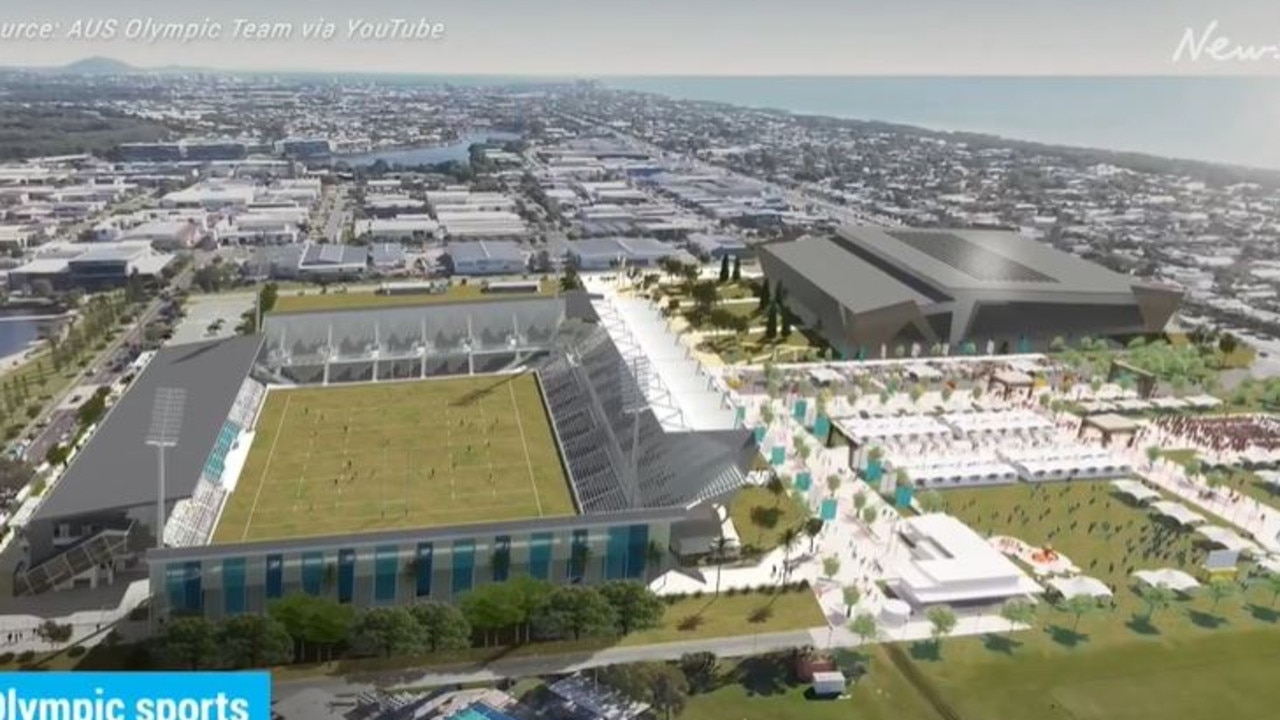 Screenshots from a fly-through video released by the IOC show plans for a new indoor sports centre at the Kawana Sports Precinct.