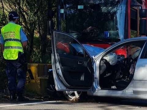 A collision between a garbage truck and a hatchback on Mona Vale Rd, Ingleside, on October 9, 2023. Picture:  Ingleside Rural Fire Service