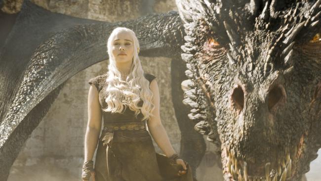 Daenerys Targaryen (played by Emilia Clarke) with one of her dragons in a scene from Game of Thrones season six