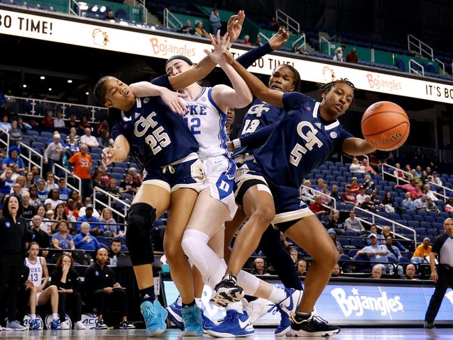 Tonie Morgan of Georgia Tech competes for the ball against Kennedy Brown of Duke in North Carolina. Picture: Lance King/Getty Images