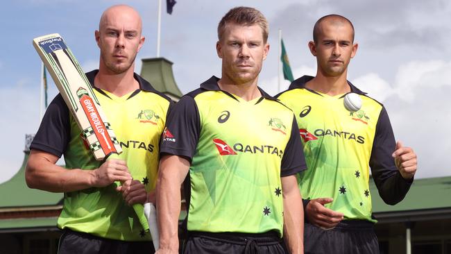 Chris Lynn, Dave Warner and Ashton Agar ahead of the T20s. Picture: David Swift