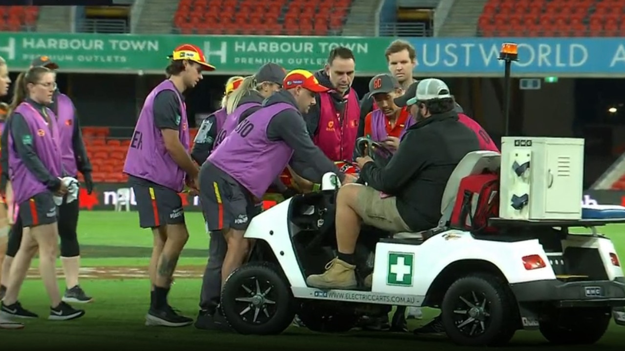 Suns rookie Elise Barwick has been taken from the field after a sickening collision.