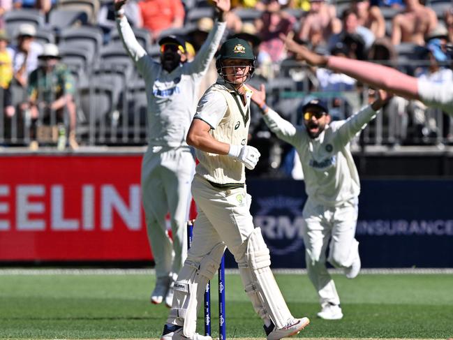 The Indians ramped up the pressure and the Australians crumbled. Picture: SAEED KHAN / AFP