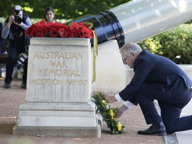 Scott Morrison laid a wreath at the Australian War Memorial on Wednesday on Remembrance Day. Picture: NCA NewsWire/Gary Ramage