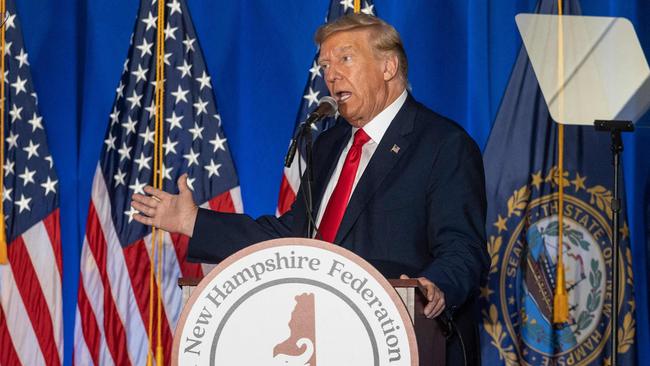 Donald Trump addresses the New Hampshire Federation of Republican Women's Lilac Luncheon in Concord on Tuesday. Picture: AFP