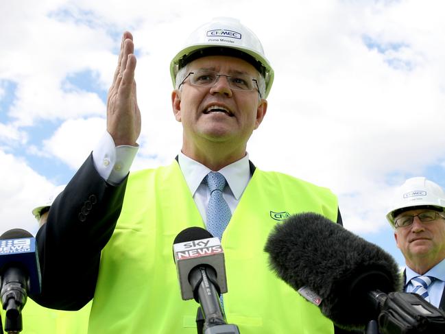 Prime Minister Scott Morrison speaks to the media during a press conference following a visit to Civmec Defence Industry, in Perth on Wednesday, October 3, 2018. (AAP Image/Richard Wainwright) NO ARCHIVING