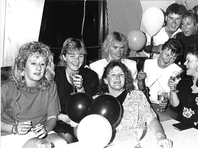 NYE1988 at the Preston. From left Gayle Murnane, Jacinta Evans, Leanne O’Brien, Sandie Stoddart, Sheryl O’Brien, Nikki O’Carroll and back Chris Westman and Sharyn Murnane. Picture: Mike Dugdale