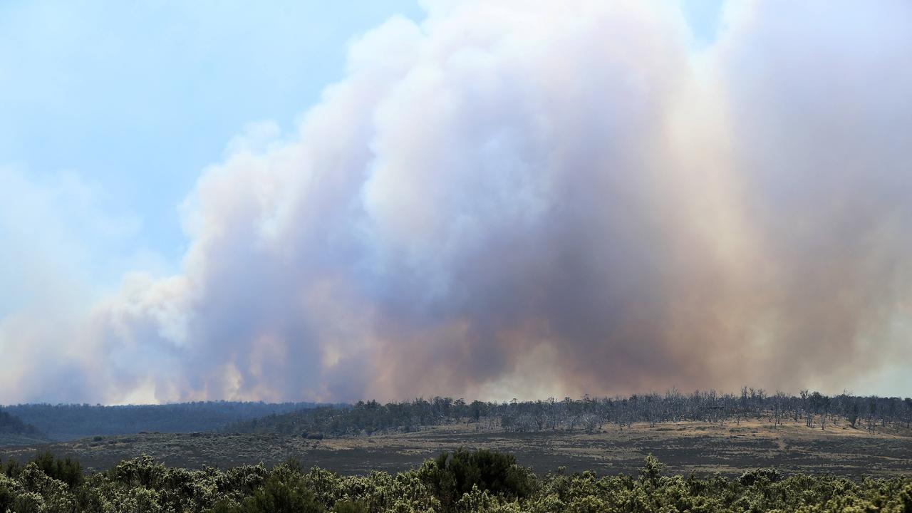 Smoke from the Northern end of the fire near Miena. Picture: LUKE BOWDEN