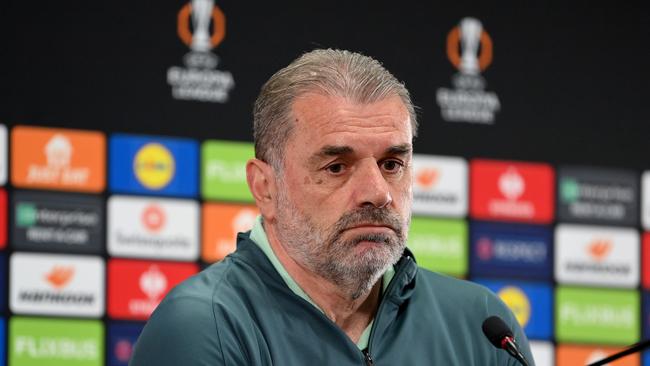 BODO, NORWAY – MAY 07: Ange Postecoglou, Manager of Tottenham Hotspur, talks during a press conference ahead of their UEFA Europe League 2024/25 semi final second leg match against FK Bodo/Glimt at Aspmyra Stadion on May 07, 2025 in Bodo, Norway. (Photo by Justin Setterfield/Getty Images)