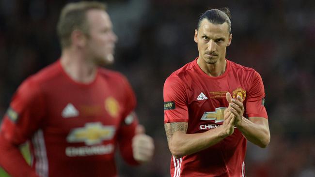 Zlatan Ibrahimovic reacts during the friendly Wayne Rooney testimonial football match.