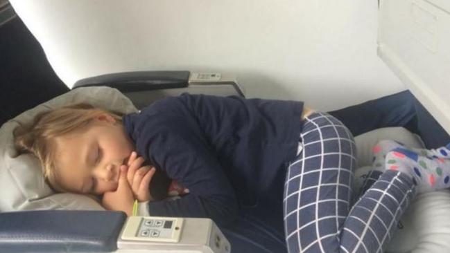 Many of the devices help kids stretch out to sleep horizontally on flights. Picture: FlyLegs Up