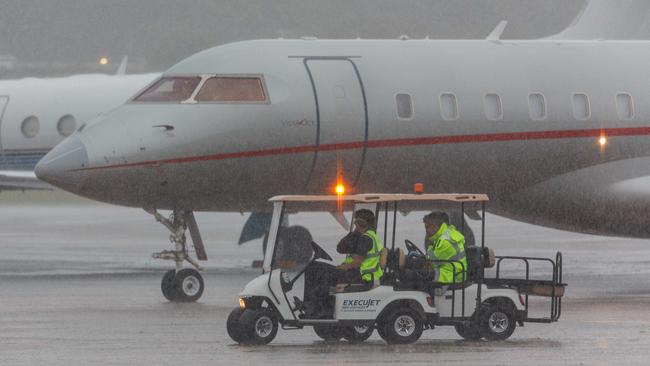 Taylor Swift’s private jet arrived at Sydney airport today in the middle of a heavy storm. Picture: NCA NewsWire / David Swift