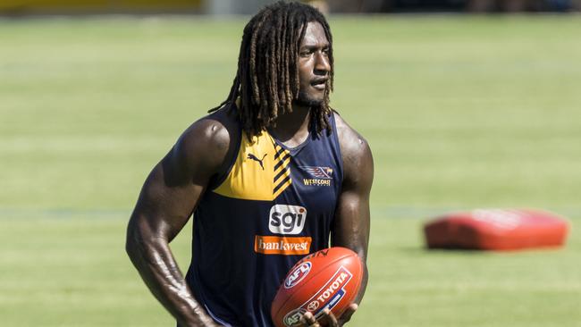 West Coast Eagles players during a short, open training session at Subiaco Oval. Pictured is Nic Naitanui, who has put on some muscle during the off-season.