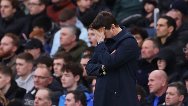 LONDON, ENGLAND - FEBRUARY 04: Mauricio Pochettino, Manager of Chelsea, reacts after Rayan Ait-Nouri of Wolverhampton Wanderers (not pictured) scored their sides second goal during the Premier League match between Chelsea FC and Wolverhampton Wanderers at Stamford Bridge on February 04, 2024 in London, England. (Photo by Alex Pantling/Getty Images)