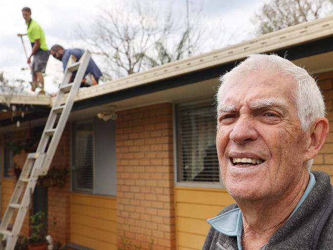 Coffs Harbour 21st October 2021Emergency Services and residents of the Sawtell and Toormina were busy with repairs and cleaning up after a monster hail storm ploughed through the area just after 2pm yesterday.Pictured - Locals came to help elderly Gerry Thompson by clearing hail in gutters in Kintorie Crescent Toormina.Photo Frank Redward