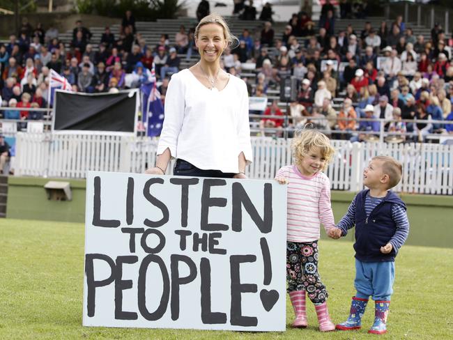 Rally at Manly Oval to protest the planned car park development. Pictured is Kristy Barbara with her kids Eloise 4 and Manu 2.