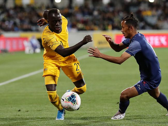 CANBERRA, AUSTRALIA - OCTOBER 10: Awer Mabil of the Socceroos in action during the FIFA World Cup Qatar 2022 and AFC Asian Cup China 2023 Preliminary Joint Qualification Round 2 match between the Australian Socceroos and Nepal at GIO Stadium on October 10, 2019 in Canberra, Australia. (Photo by Mark Metcalfe/Getty Images)