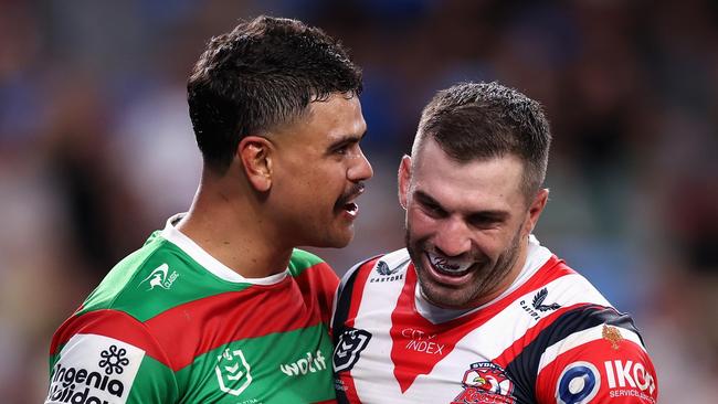 Latrell Mitchell with former teammate James Tedesco this year. Photo by Cameron Spencer/Getty Images.