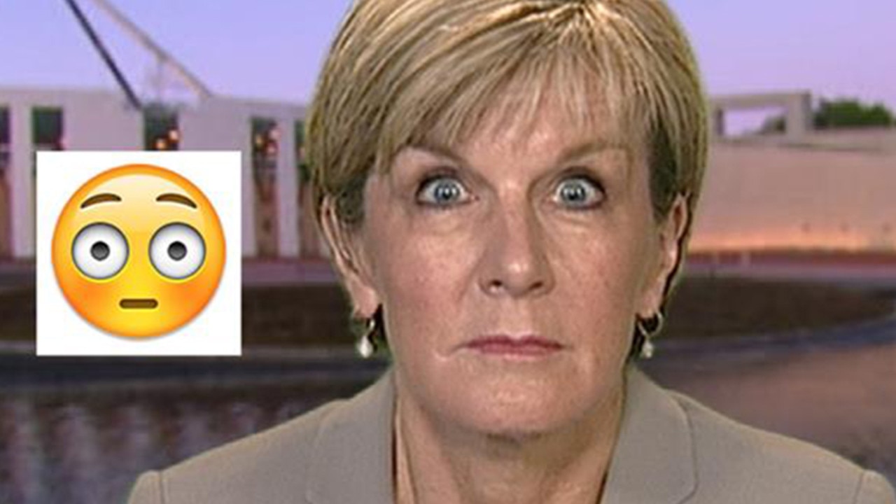 Julie Bishop pulls a face during an interview after comparisons were made between her facial expressions and an emoji.