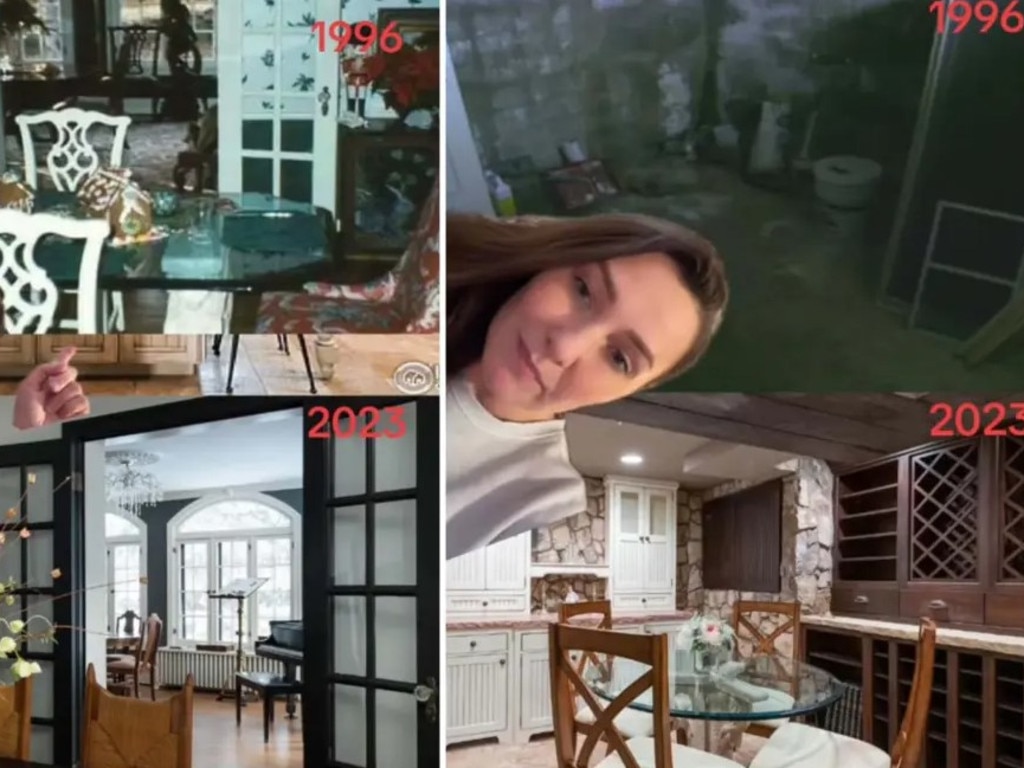 Before and after photos of the dining room and the basement turned into a wine cellar, where her body was located. Picture: TikTok/zillowtastrophes