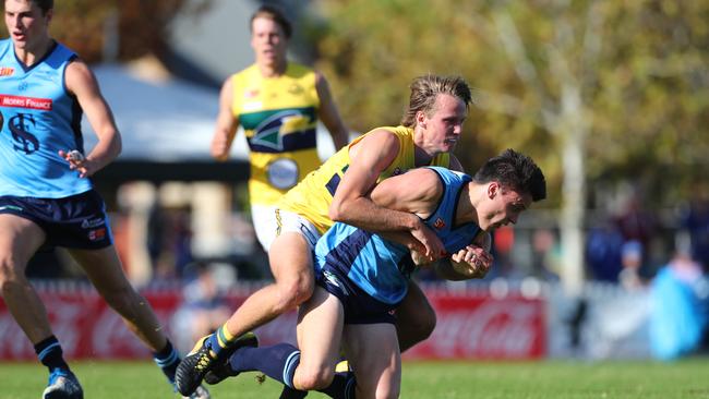 In the back they screamed when Jack Lukosius tackled Jack Stephens on Sunday. Picture: Tait Schmaal.