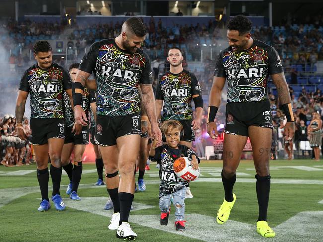 Quaden Bayles runs onto the field before the NRL match between the Indigenous All-Stars and the New Zealand Maori Kiwis. Picture: Jason McCawley/Getty Images